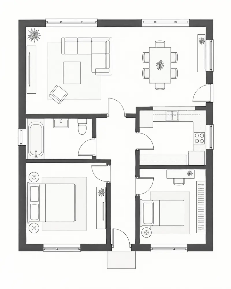 Planta arquitectónica de uma moradia com salas e quartos